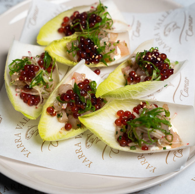 Raw Kingfish, ponzu dressing, witlof and Gin Pearls