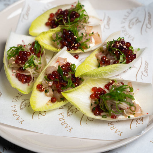 Raw Kingfish, ponzu dressing, witlof and Gin Pearls
