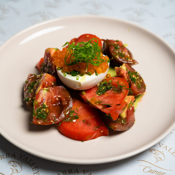 Tomato, Buffalo mozzarella, green goddess, Salmon Pearls.