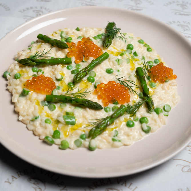 Asparagus and pea Risotto, Smoked Pearls and Bottarga