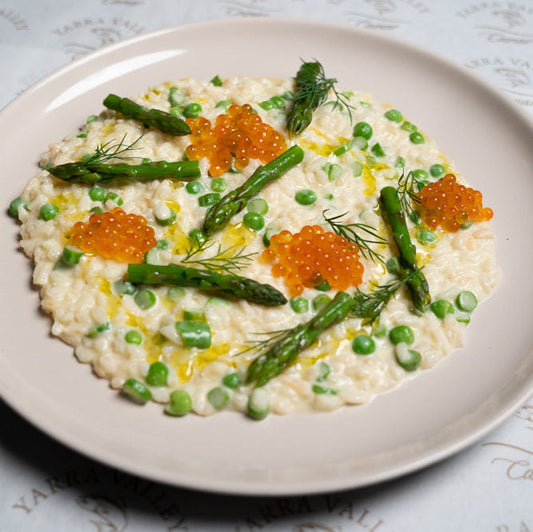 Asparagus and pea Risotto, Smoked Pearls and Bottarga