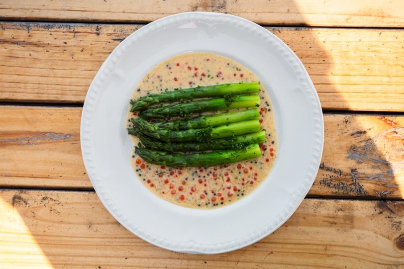 New season asparagus with Caviar and Champagne sauce
