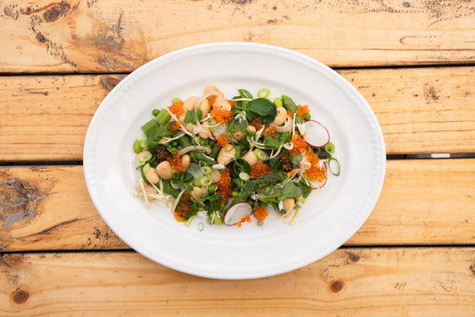 Spring vegetable salad, pickled mushrooms, white bean and Smoked Salmon Pearls