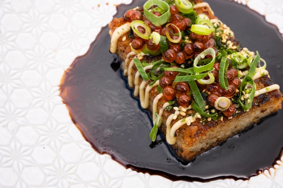 ‘Fried Rice’ Cake, Ikura Shoyu Zuke Pearls and Sweet Soy dressing