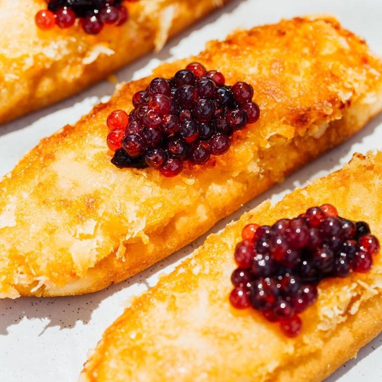 Crispy Fried Prawn Toasts with Bloody Shiraz Gin Caviar