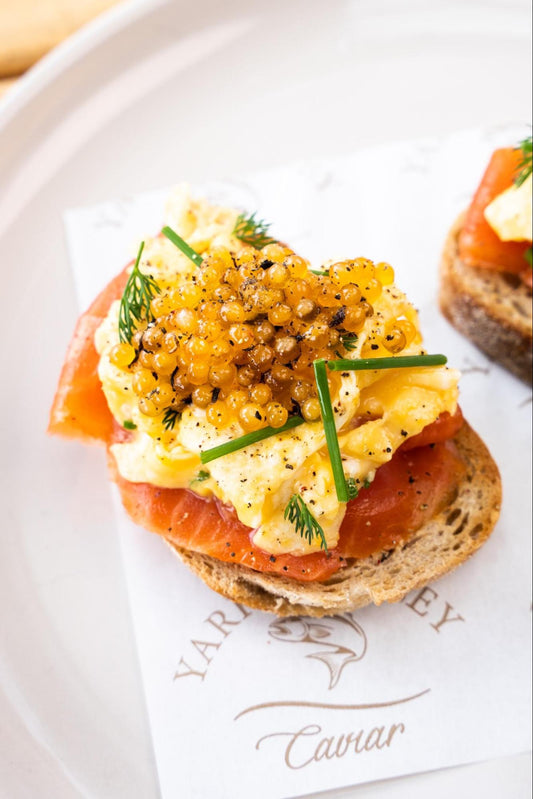 Open omelette of Smoked Salmon and Truffled Brook Trout Pearls