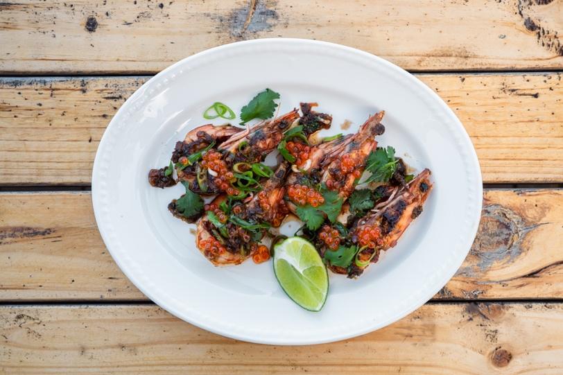 Grilled king prawns, pickled ginger and spring onion relish, Ikura Shoyu Zuke Pearls