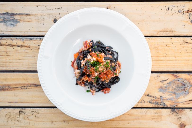 Squid ink tagliatelle, spanner crab ‘Bolognese’, First Harvest Salmon Pearls