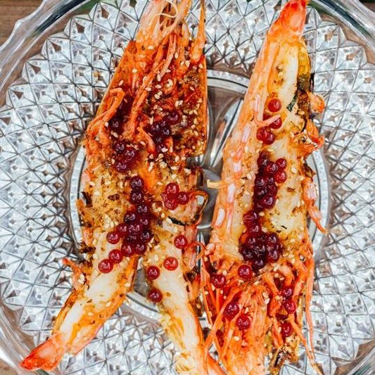 Barbequed King Prawns, ponzu, furikake and Bloody Shiraz Gin Caviar