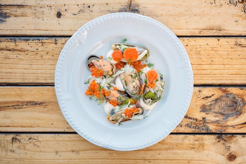 Pickled mussels, lime mayonnaise, Smoked Salmon Pearls