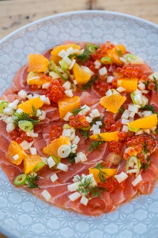 Sashimi of King Salmon, fennel and citrus dressing, First Harvest Salmon Pearls