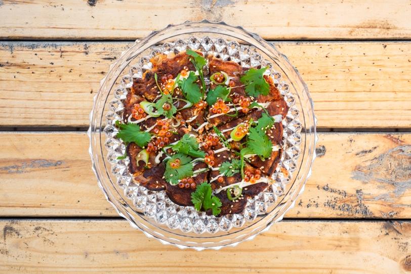 Kimchi pancake, green onion, coriander and First Harvest Salmon Pearls