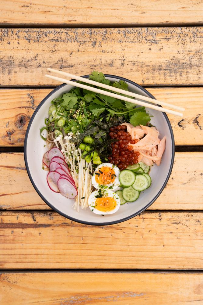 Soba noodle salad, Smoked Trout, Ikura Shoyu Zuke Pearls.